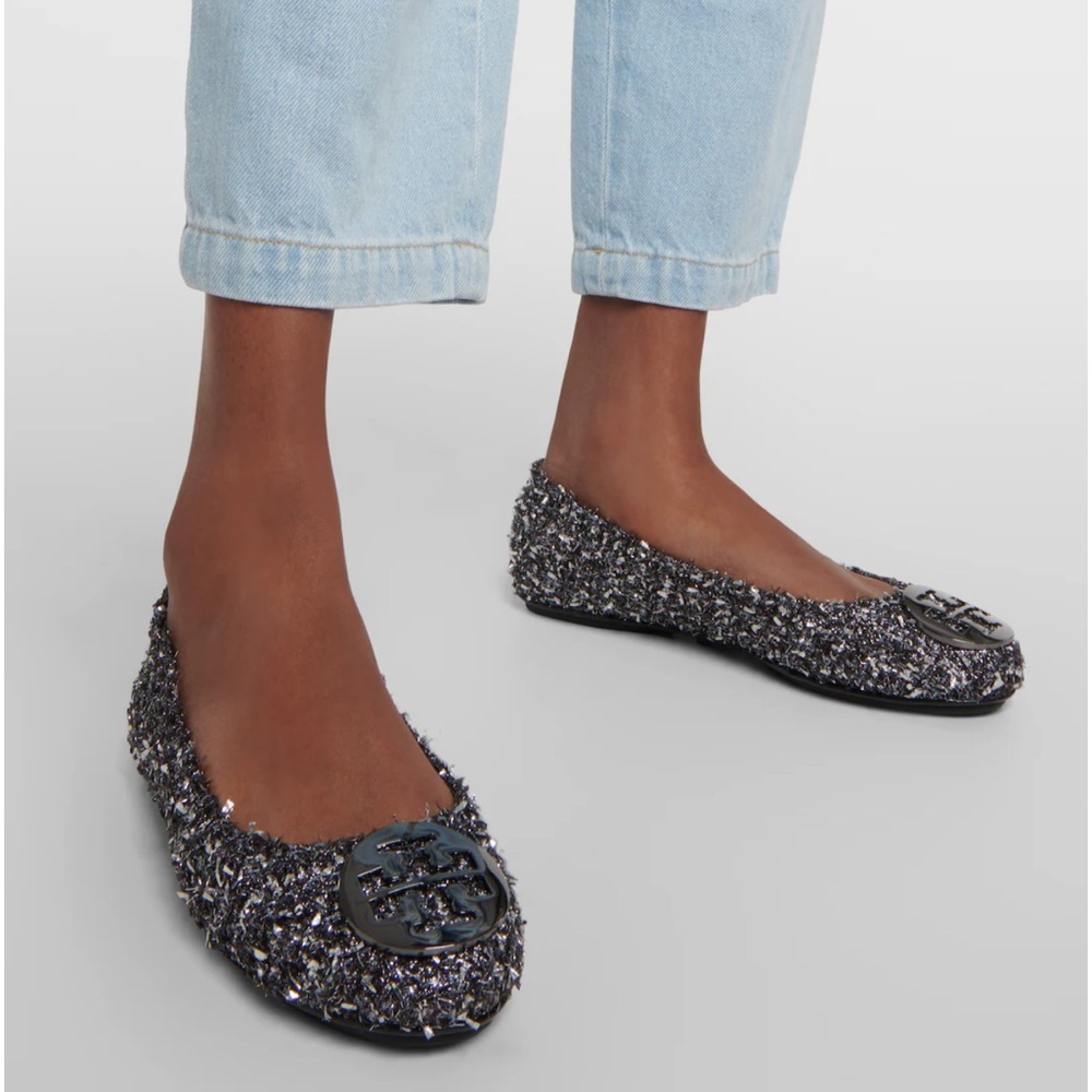 Tory Burch Minnie Travel Ballet Flats Gray Tweed Logo Medallion Slip On Shoes